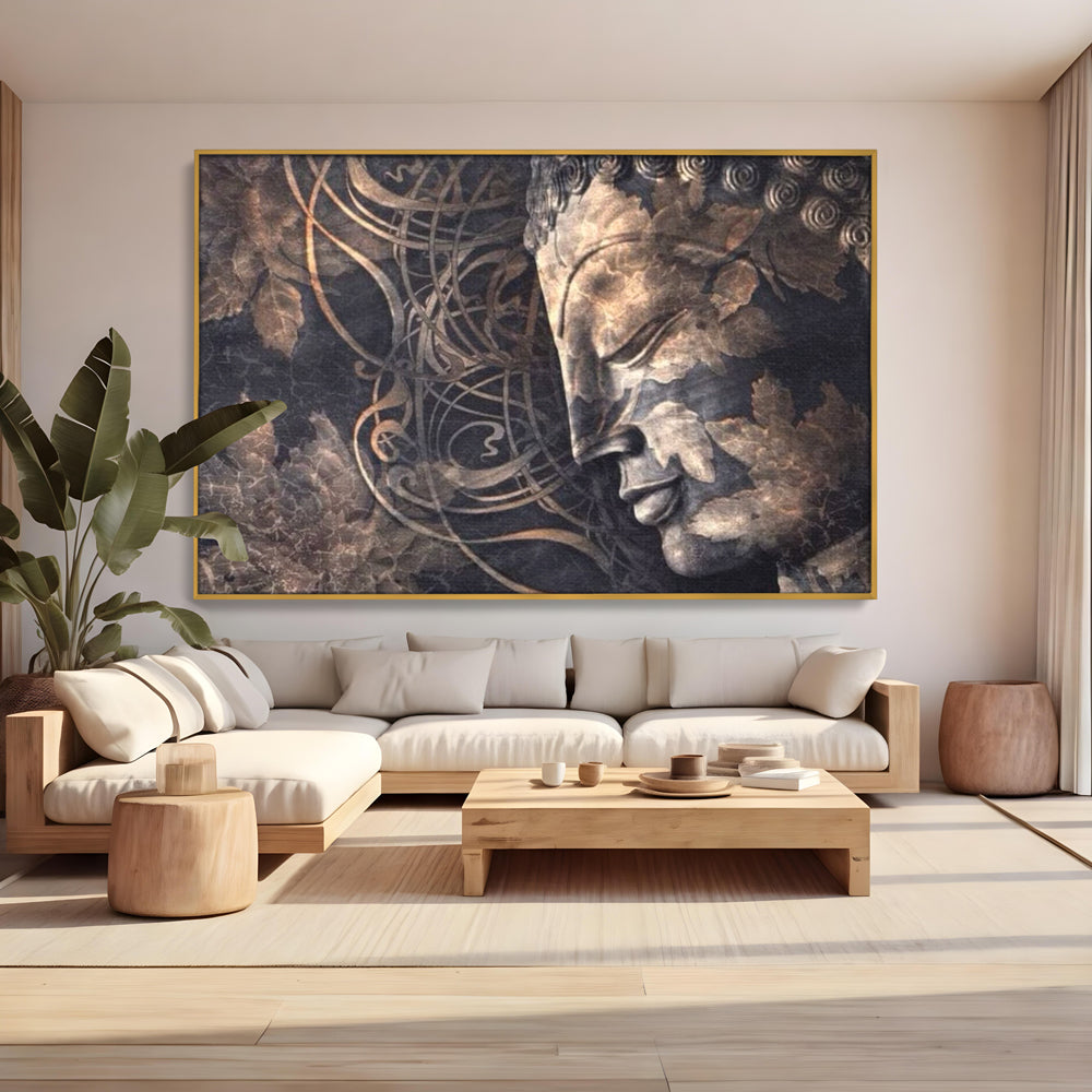 Tablou canvas cu tablou canvas cu profil de buddha, in rama de aluminiu auriu, pe perete intr-un living